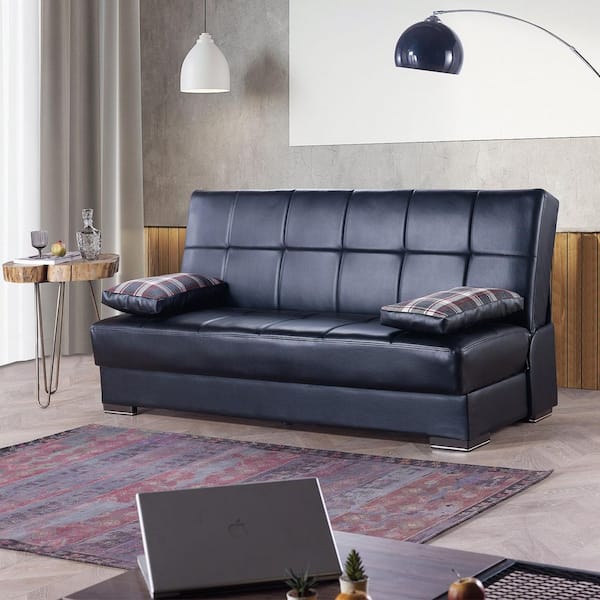 Soho Collection Convertible 75 in. Black Leatherette Upholstery 3-Seater Twin Sleeper Sofa Bed with Storage