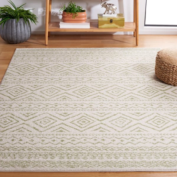 Tulum 6 ft. x 9 ft. Ivory/Sage Striped Geometric Diamonds Area Rug