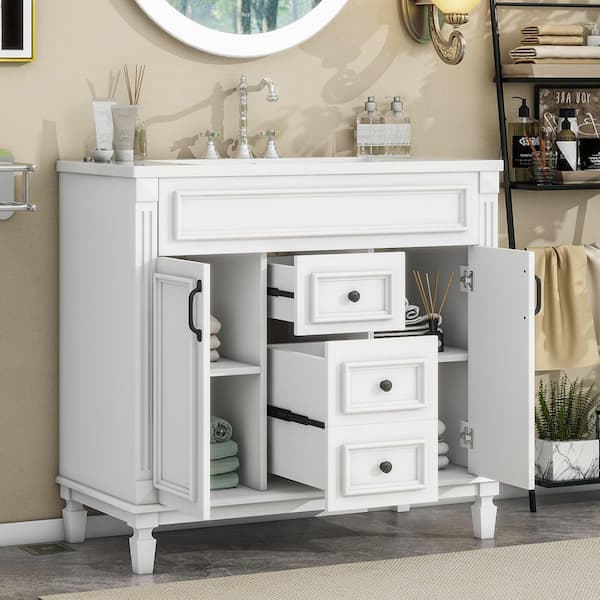 36 in. Single Sink Freestanding White Bath Vanity with White Ceramic Sink Top, Soft Closing Doors