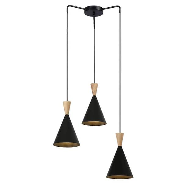 Zompoo 6.4 in. 3-Light Plug in Pendant Light with White Metal Shade and Switch, Industrial Adjustable Height Wood Chandelier