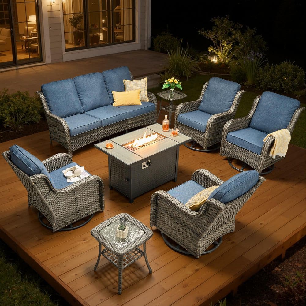 Nerium A 8-Piece Wicker Outdoor Patio 50000 BTU Fire Pit Conversation Set with Swivel Chairs & Denim Blue Cushions price history on PriceWatchPro