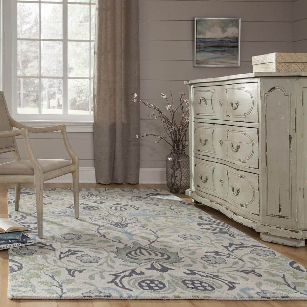 Blue and Ivory Floral Hand-Tufted Wool 9' x 12' Area Rug