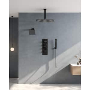 7-Spray 16 and 6 in. Dual Shower Heads Ceiling Mount Fixed and Handheld Shower Head in Matte Black (Valve Included)