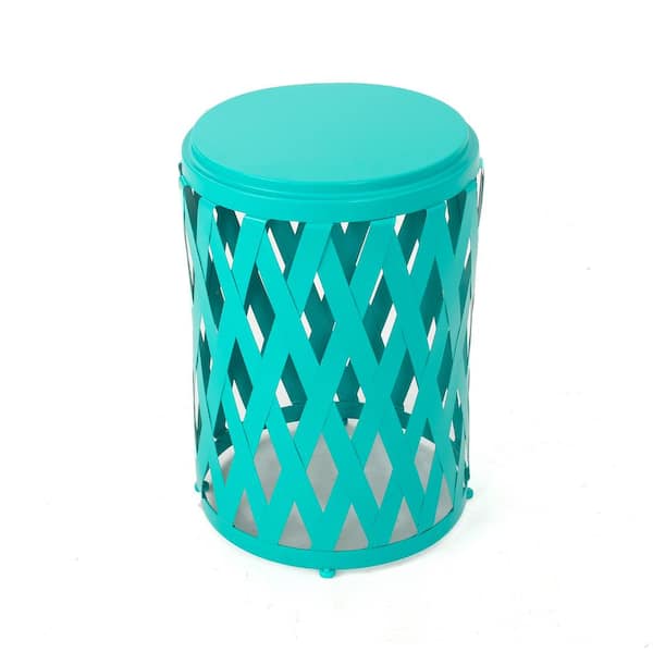Zeus & Ruta 15 in. Diameter x 22 in. Height Outdoor Teal Round Metal Side Table for Porch, Balcony, Lawn