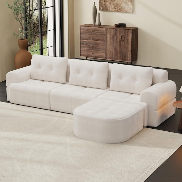 Everett Tufted Compression Sofa 112.2 in. Round Arm 4-Piece Chenille Modular Sectional Sofa in Beige White with Chaise