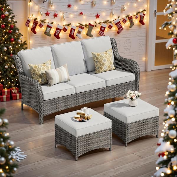 Caodoc Clario 3-Seat Wicker Outdoor Couch Patio Sofa Sectional Set with Gray Cushions and 2 Ottomans for Balcony