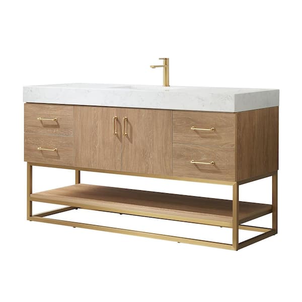 Alistair 60 in. W x 22 in. D x 33.9 in. H Single Sink Bath Vanity in North American Oak with White Grain Stone Top
