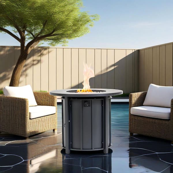 Black Round Steel Outdoor Fire Pit Coffee Table with 50000 BTU Propane Burner and Wood Grain Ceramic Tabletop