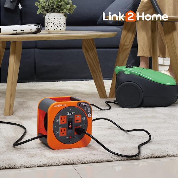 Link2Home Cord Reel 25 ft. Extension Cord 3 Power Outlets, 2 USB Ports
