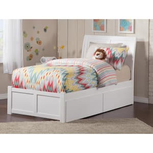 Portland White Twin XL Solid Wood Storage Platform Bed with Flat Panel Foot Board and 2 Bed Drawers