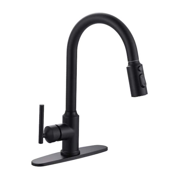 VEVETTA Modern High Arc Single Handle Pull-Down Sprayer Kitchen Faucet, Kitchen Sink Faucet with Deckplate in Matte Black