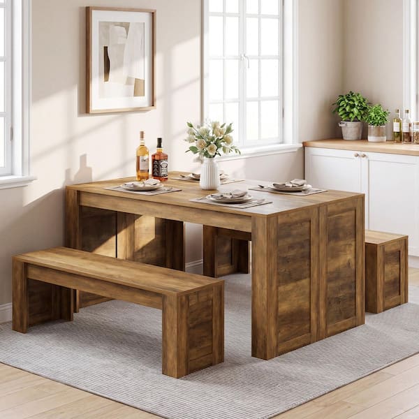 Roesler 3-Piece Rectangle Brown Wooden Top Dining Room Set Seats 4, One Dining Table with 2 Benches