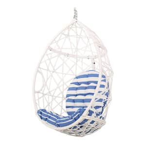 Vienna White Wicker Outdoor Patio Hanging Chair with White and Blue Cushions