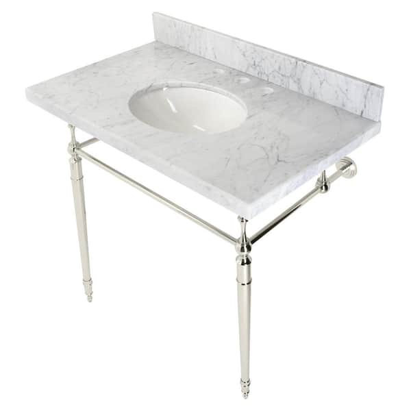 Kingston Brass Edwardian 36 in. Console Sink with Brass Legs (8 in., 3  Hole) in Marble White and Polished Nickel HKVPB3622M86 - The Home Depot
