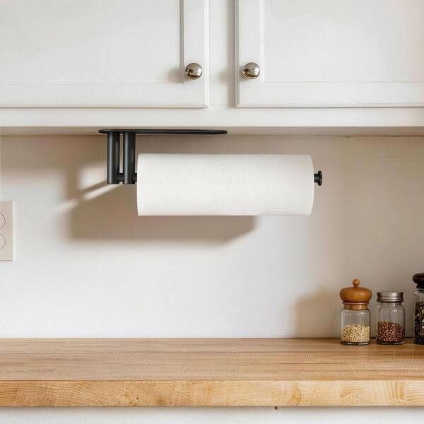 Wall Mount Matte Black Paper Towel Holder Dual Rod Adhesive Under Cabinet Stainless Steel Kitchen No Drill