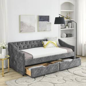 Gray Twin Size Daybed with Drawers Upholstered Tufted Sofa Bed with Button On Back and Copper Nail On Waved Shape Arms