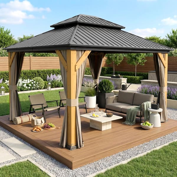 ToolCat 12 ft. x 14 ft. Brown Outdoor Cedar Wood Frame Canopy with