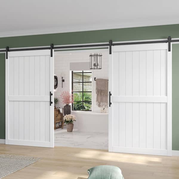 96 in. x 84 in. (Double 48 in doors) White Paneled H Shape Solid MDF Sliding Barn Door with Hardware Kit