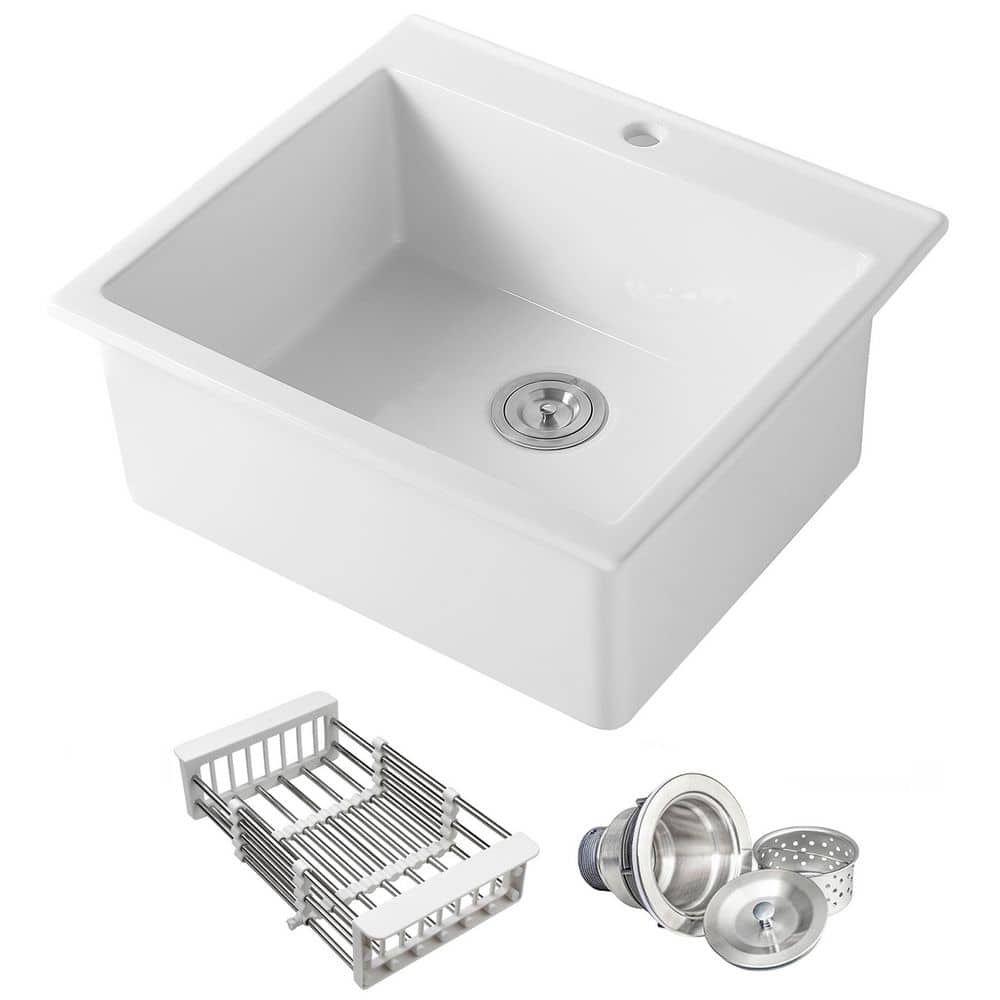 White Fireclay 25 in. Single Bowl Drop-in Mount Workstation Kitchen Sink with Basket Strainer and Sink Grid price history on PriceWatchPro