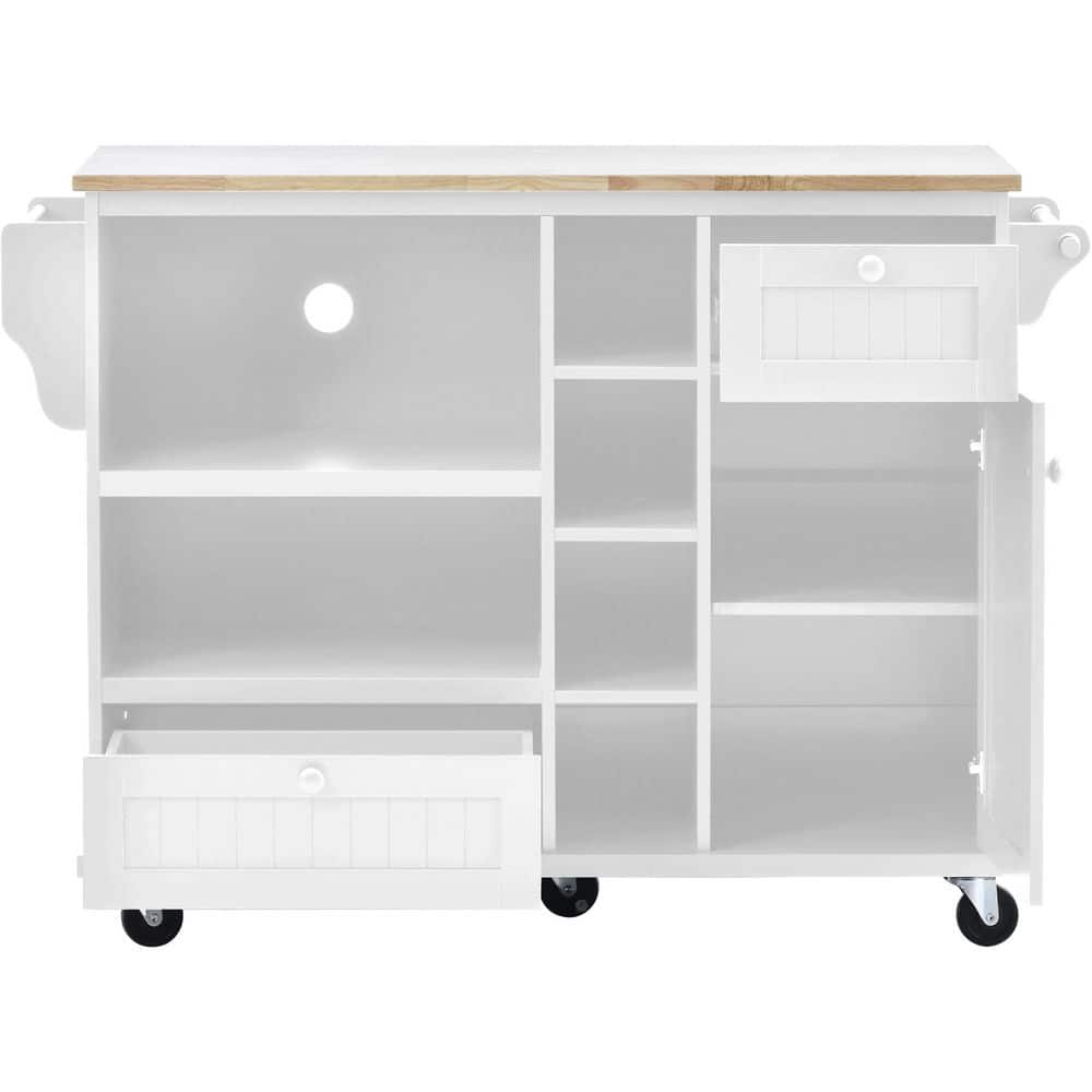 White Wood 50.8 in. Kitchen Island with Solid Wood Desktop, Microwave Cabin