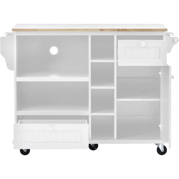 Unbranded White Wood 50.8 in. Kitchen Island with Solid Wood Desktop, Microwave Cabinet and Adjustable Shelves for Kitchen Room