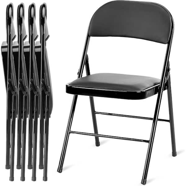 Siavonce 4 Pack Folding Chairs with Leather Padded Cushion Seats and Durable Metal Frame, Comfortable, Foldable, Portable, Black