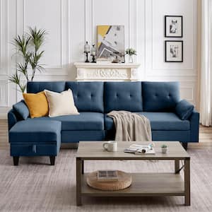 101 in. W Slope Arms 4-Seat L Shaped Fabric Modern Sectional Sofa in Blue with Storage Ottoman and Side Bags