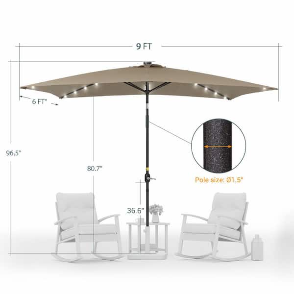 6 ft patio umbrellas with solar leed lights JOYESERY 6 ft. x 9 ft. Rectangular Market Umbrella Solar LED with Tilt Function Patio Market Umbrella in Taupe