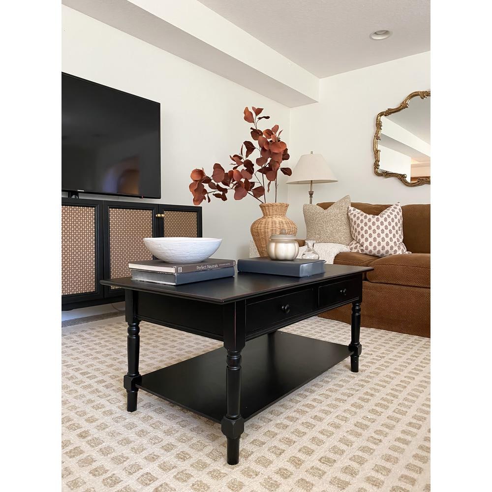 Distressed Black Pine Wood Rectangular Coffee Table with Storage