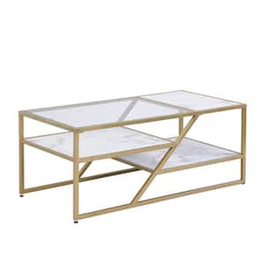 43 in. Golden Rectangle Tempered Glass Coffee Table with 3-Tier Shelves and Metal Frame, Cocktail Table for Living Room