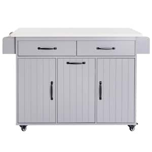 51.06 in. Grey Eco-Friendly P2 Panel Large Kitchen Island with Electrical Outlet, Drop Down Blade and Drawers