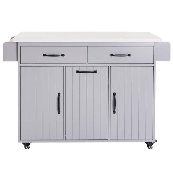 Zeus & Ruta 51.06 in. Grey Eco-Friendly P2 Panel Large Kitchen Island with Electrical Outlet, Drop Down Blade and Drawers