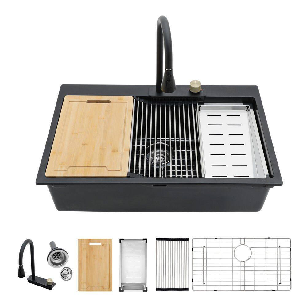 33 in. Drop-In Topmount Sink Single Bowl Black Granite/Quartz Composite Workstation Kitchen Sink with Pull Down Facuet price history on PriceWatchPro
