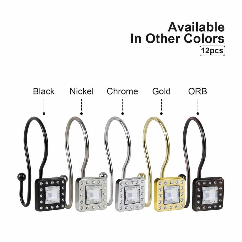 Chrome Double Shower Curtain Hooks with Crystal Design, Set of 12