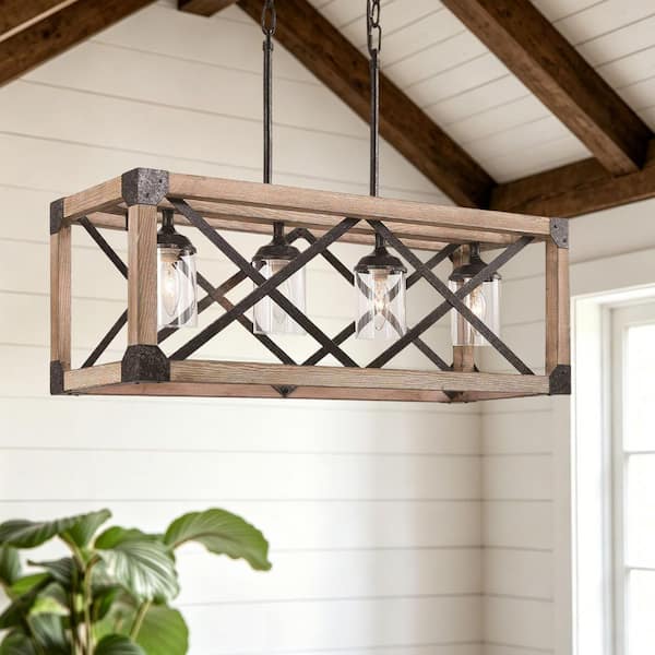 Farmhouse Wood Island Chandelier, Distressed Black Hanging Ceiling Light 4-Light Modern Pendant with Clear Glass Shades