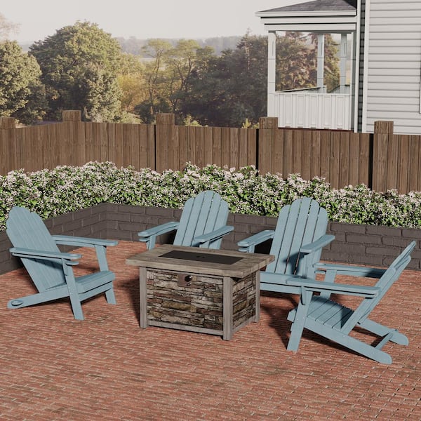 CASAINC 43.5 in. 5-Piece Metal Patio Fire Pit Set Fire Pit Table and Blue Adirondack Chairs with Cup Holder and Umbrella Holder