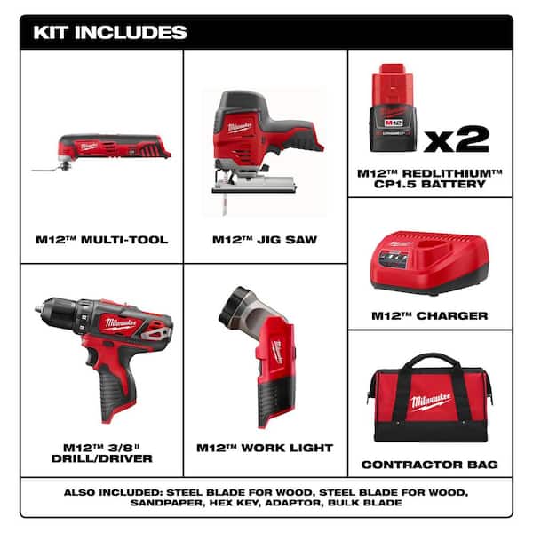 M12 12V Lithium-Ion Cordless Combo Tool Kit (4-Tool) with Multi-Tool Blade Kit (20-Piece) with Tool Pouch