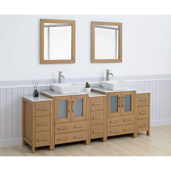 84 in. W Double Basin Natural Oak Bath Vanity with White Engineered Marble Top and Mirror