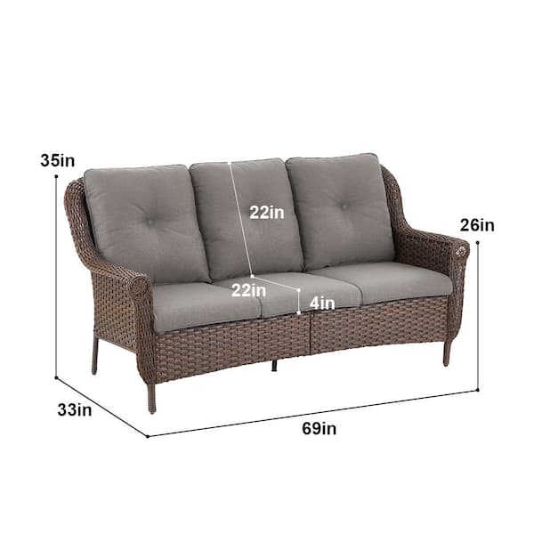 Chrysanthemum Armrest Series 3-Seat Brown Wicker Outdoor Patio Sofa Couch with Gray Cushions