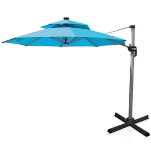 10 ft. 360-Degree Rotation Aluminum Solar LED Cantilever Patio Umbrella in Turquoise without Weight Base