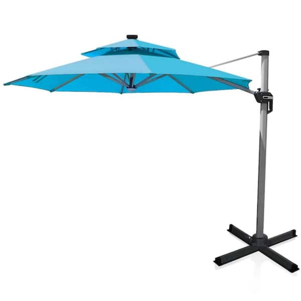 Clihome 10 ft. 360-Degree Rotation Aluminum Solar LED Cantilever Patio Umbrella in Turquoise without Weight Base