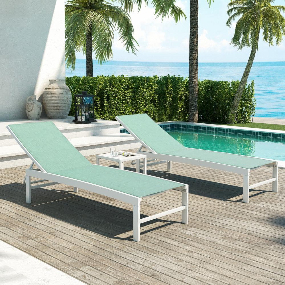 Green Aluminum Outdoor Chaise Lounge Chairs with Table Set