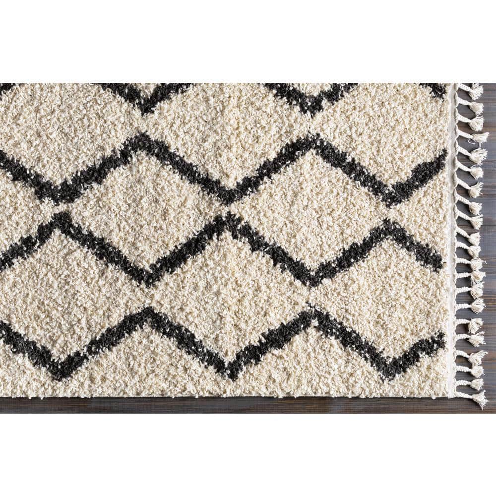 Beige and Black Braided Shag Rectangular Area Rug 5' x 7'