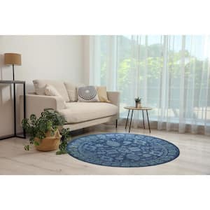 Blue Hand-Tufted Wool Traditional Overdyed Rug, 6 ft. Round, Area Rug