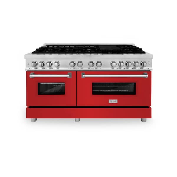 60 in. 9-Burner Double Oven Dual Fuel Range with Red Matte Door in Stainless Steel