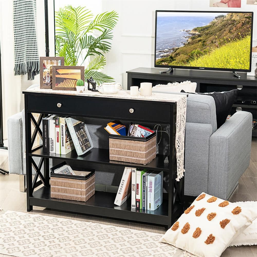 Costway 39 in. Black Rectangle 3-Tier Wood Top Console Table X-Design ...