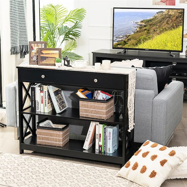 Costway 39 in. Black Rectangle 3-Tier Wood Top Console Table X-Design Sofa Entryway Table with Drawer and Shelves