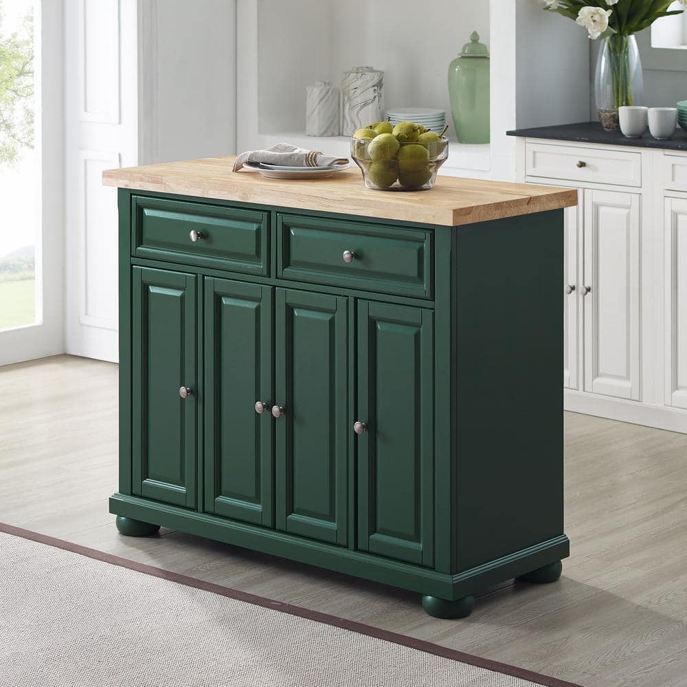 Emerald Green Birch Wood Kitchen Island Cart with Storage