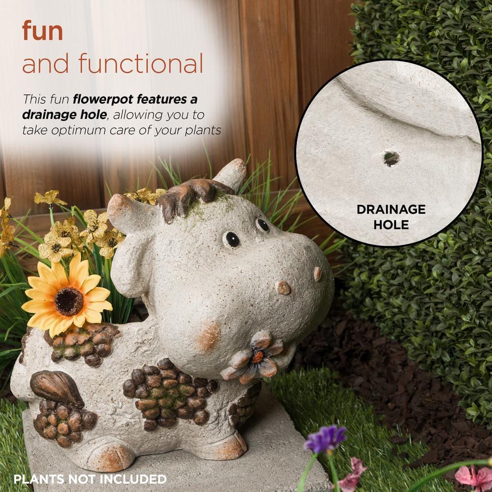 Gray Ceramic Smiling Cow Novelty Outdoor Planter with Drainage Hole