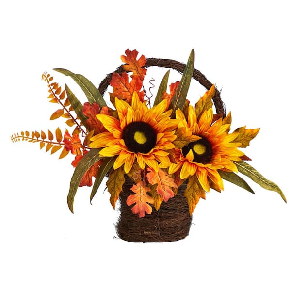 Nearly Natural 16 in. Yellow Fall Sunflower Artificial Autumn Arrangement  in Decorative Basket A1780 - The Home Depot